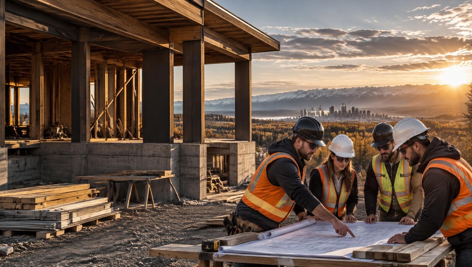 Northline construction team reviewing plans at a Calgary jobsite